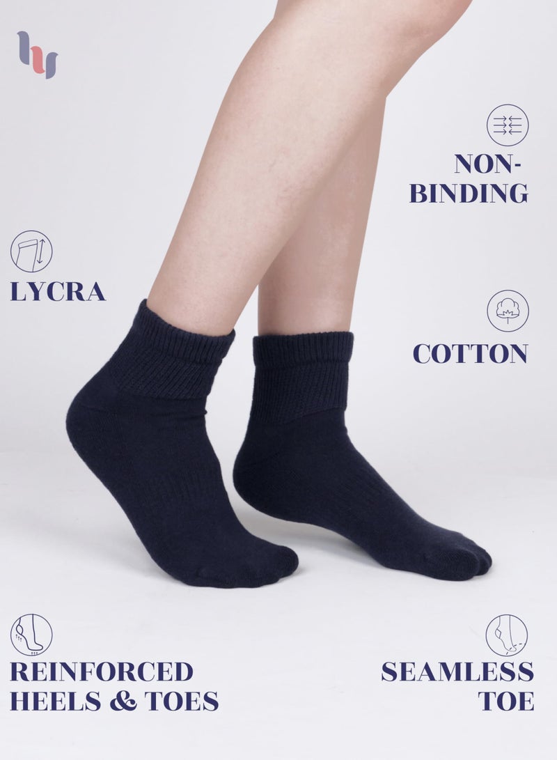 Hugh Ugoli Women's Cotton Diabetic Ankle Socks, Wide, Loose & Stretchy, Seamless Toe & Non Binding Top, Semi Cushion, 3 Pairs, Navy Blue, Shoe Size: 9-12 - Image 5